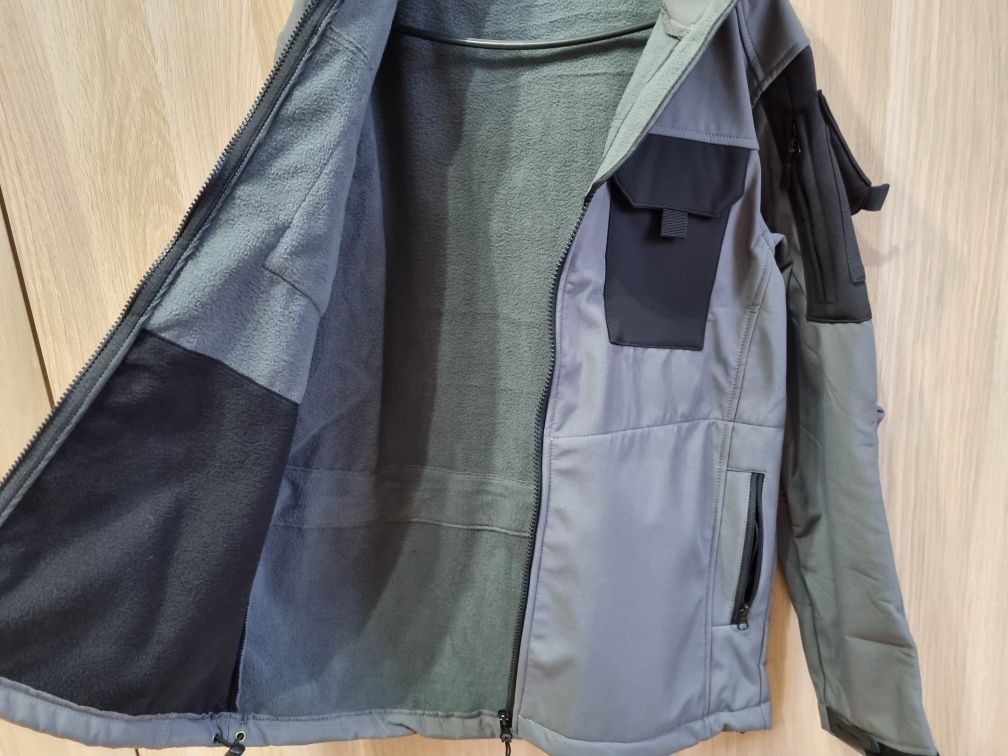 Kurtka taktyczna z kapturem, szara, Urban Grey, softshell, polar, r.-M