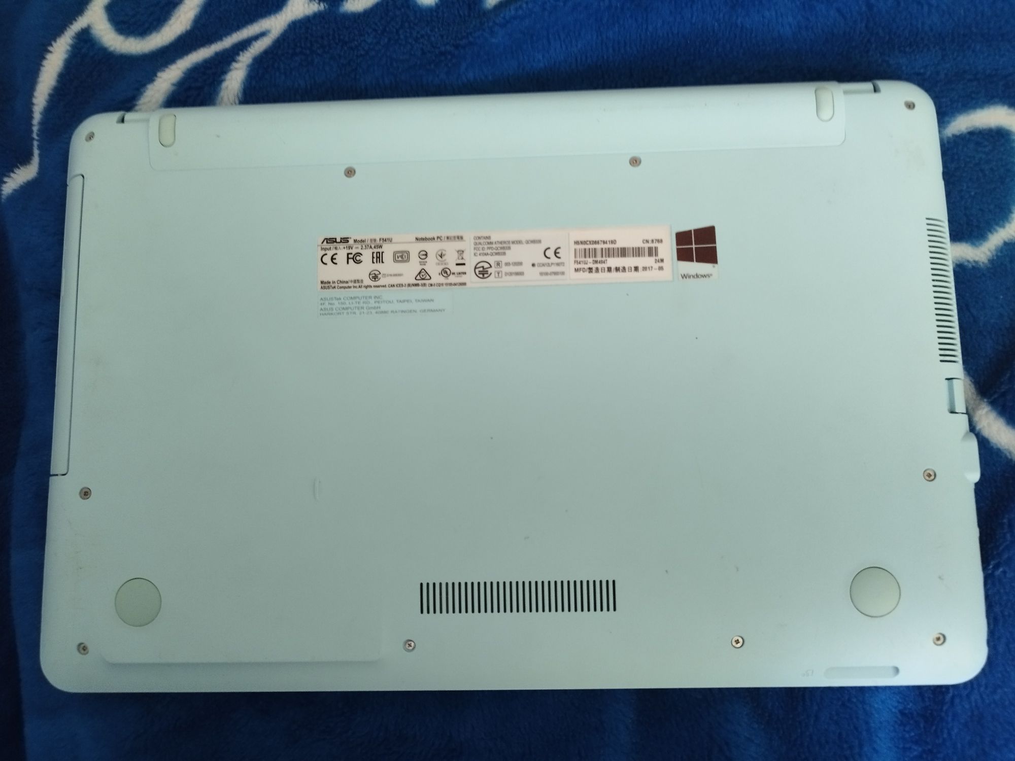 Laptop Asus Notebook F541U - Sprawny, Turkusowy, Windows 10, SSD 120gb