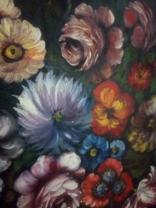 Natureza morta-vaso com flores-antiga pintura em óleo sobre platex