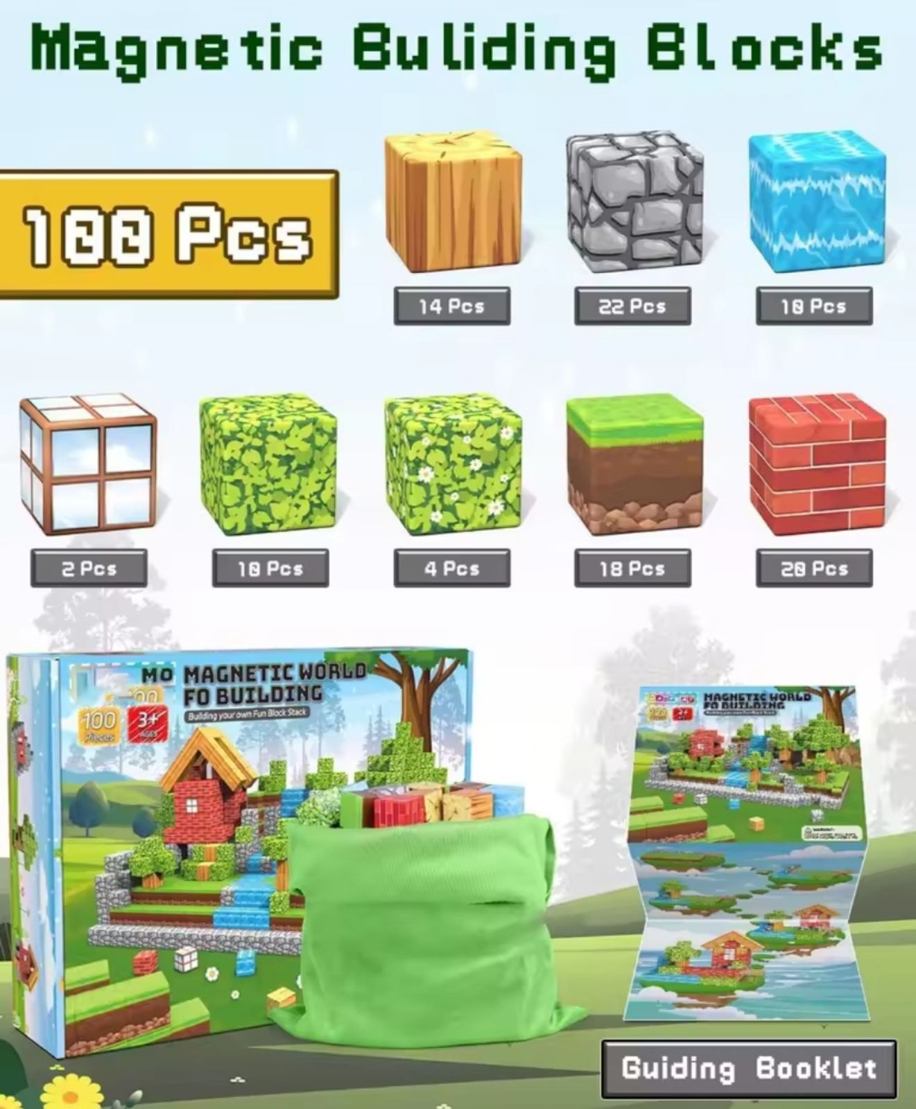 Магнитный конструктор КУБИКИ 100 шт Майнкрафт Minecraft + фигурка