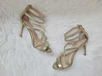 Złote, skórzane sandały / buty na szpilce, Eva Minge, 37 (23 cm)
