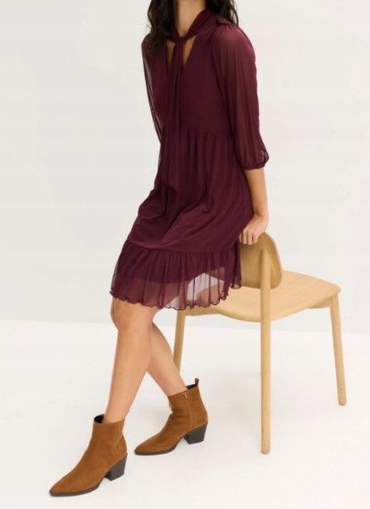 B.P.C sukienka bordowa z siateczki z krawatką 44/46.