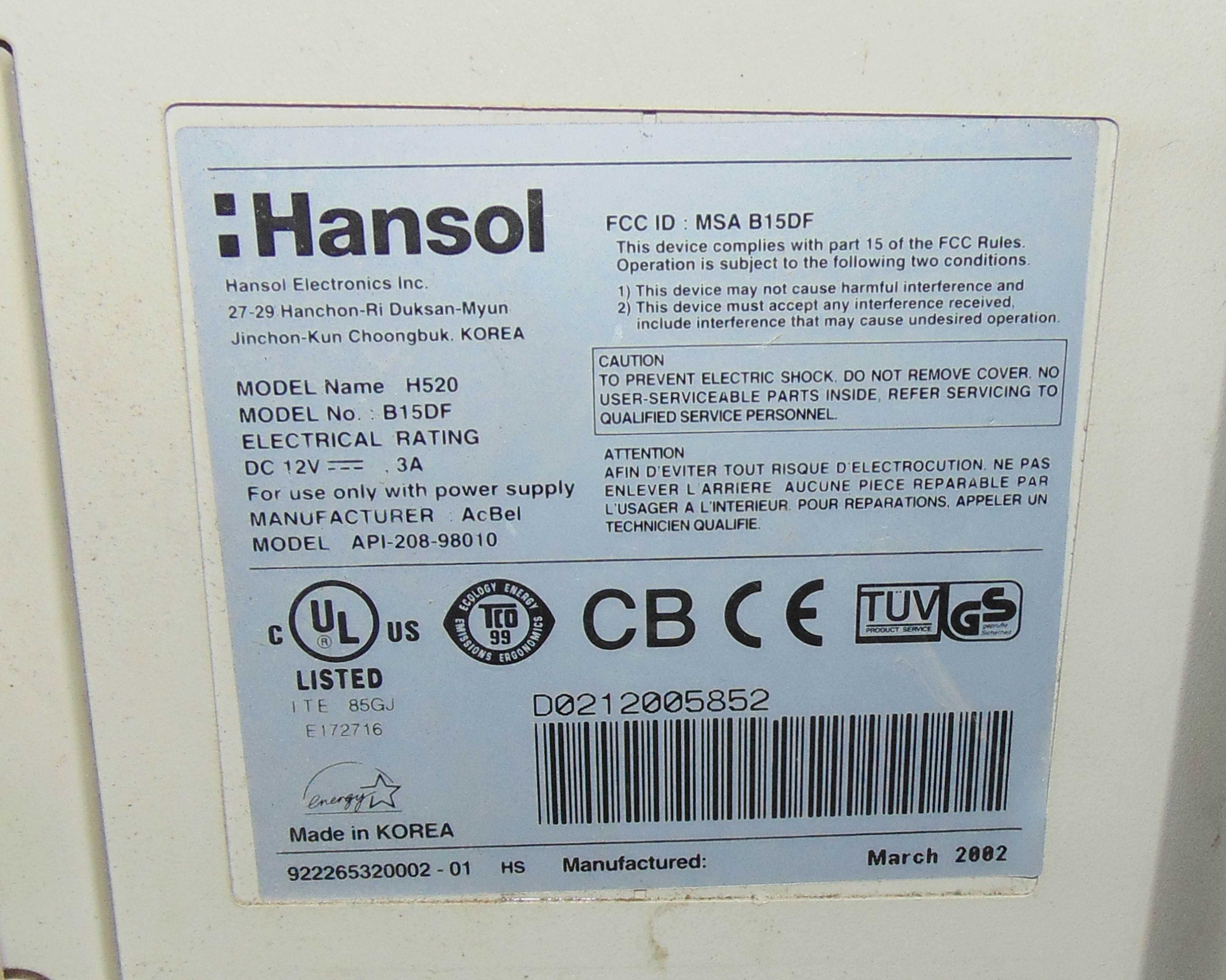 15" TFT монітор Hansol H520