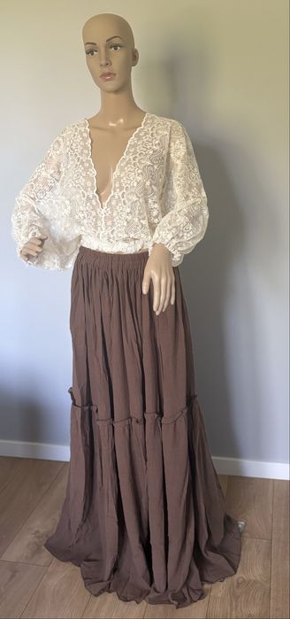 Dwuczęściowa suknia do sesji ciążowej, brąz i koronka boho rustykalna