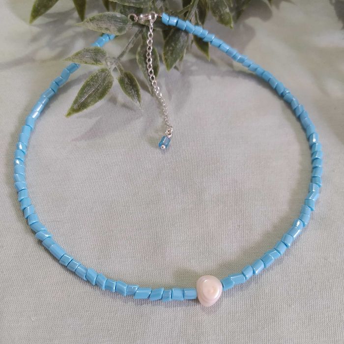 Colar Beads Cristal Murano Azul Turquesa Pérola feito à mão Prata 925