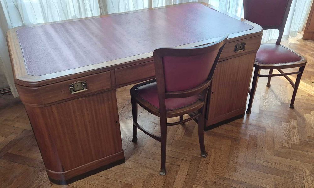 Zabytkowe 100-letnie biurko z 2 krzesłami - palisander