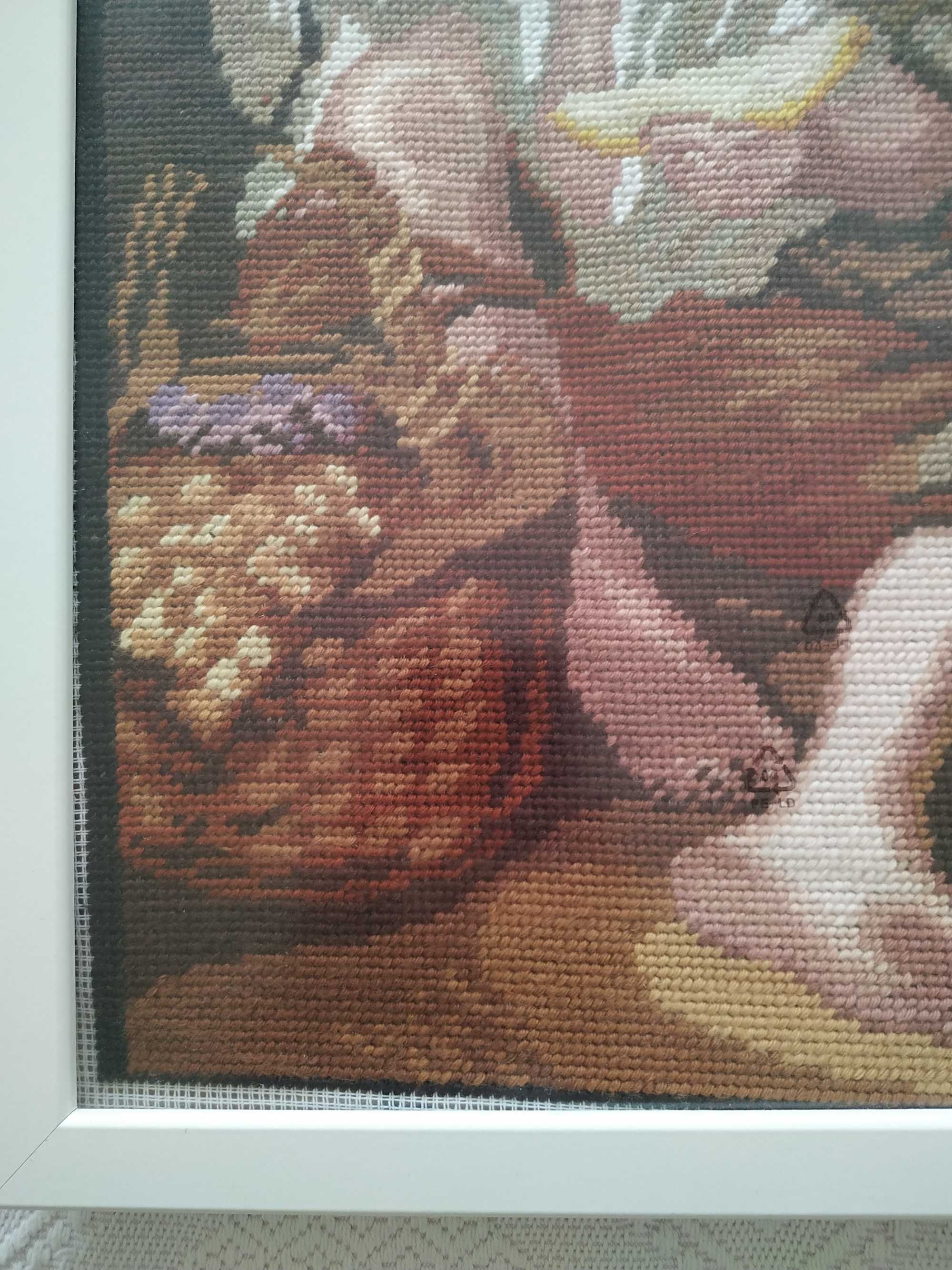 Quadro "crianças a comer fruta" - em algodão feito à mão em meio ponto