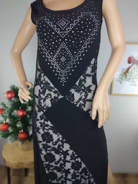Długa sukienka wieczorowa maxi koronkowa cyrkonie asymetryczna lejąca