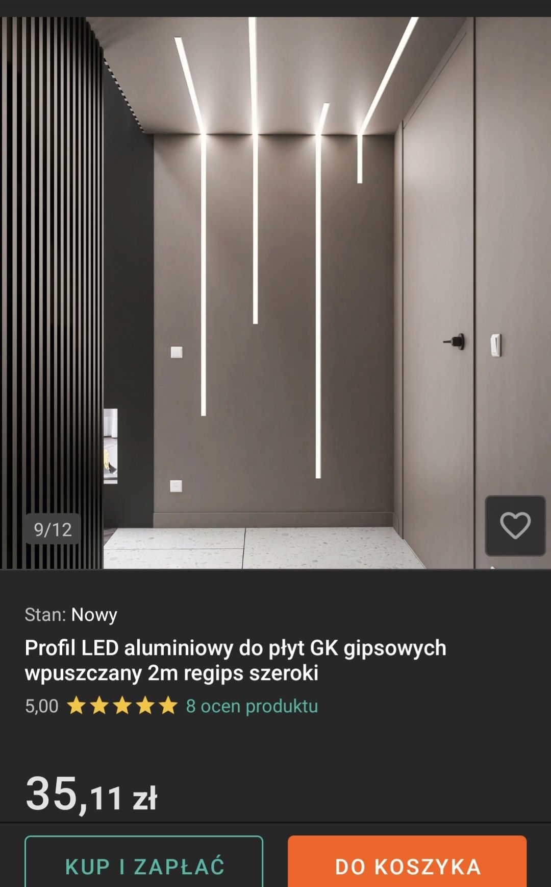 Profil LED aluminiowy do płyt GK gipsowych wpuszczany 2m