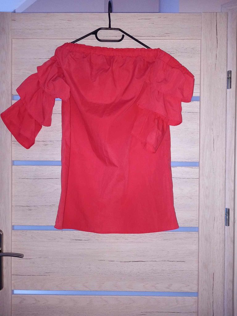 Różowa malinowa bluzka z krótkim rękawem z ozdobnymi rękawami Amisu