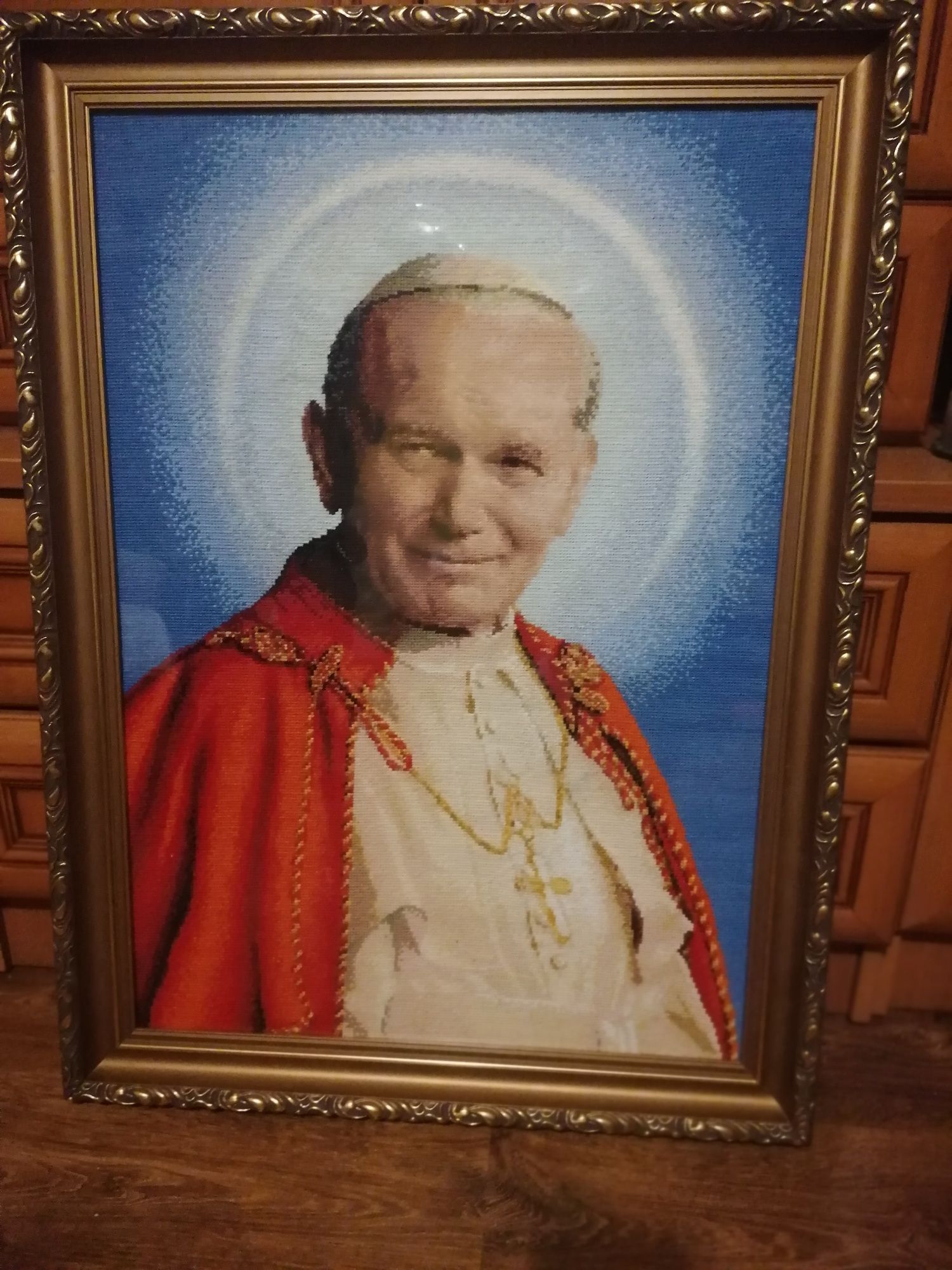 Nowy obraz haftowany Jan Paweł II Rękodzieło świeżo zrobione