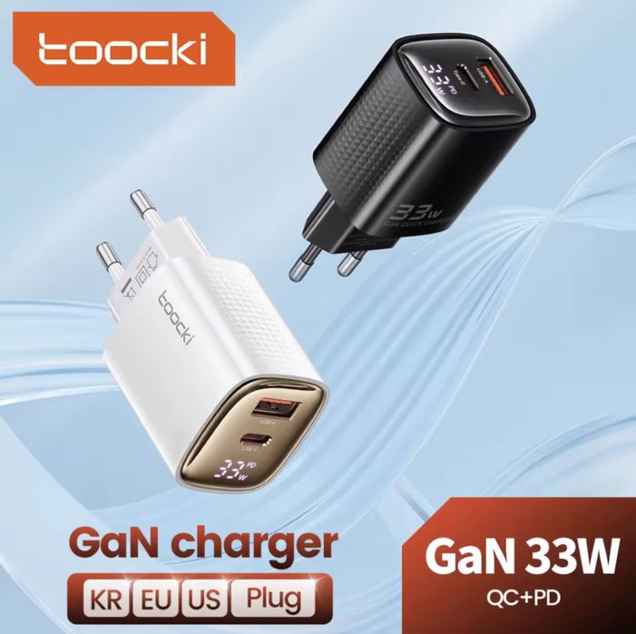 Зарядний пристрій Toocki 33W GaN. Білий з Дисплеем. Нова