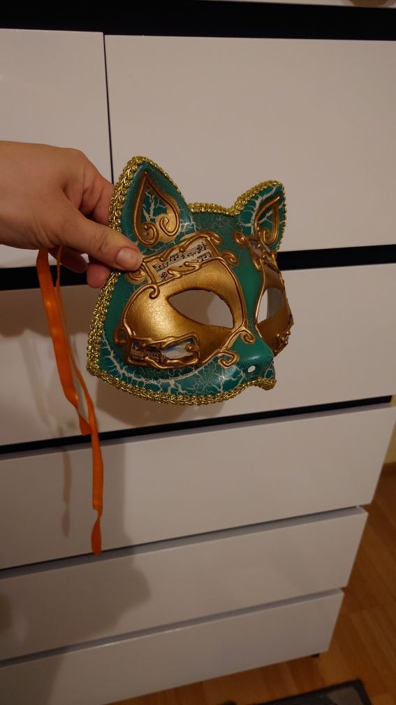Maska Kot Kotek ozdobna zielono złota nowa