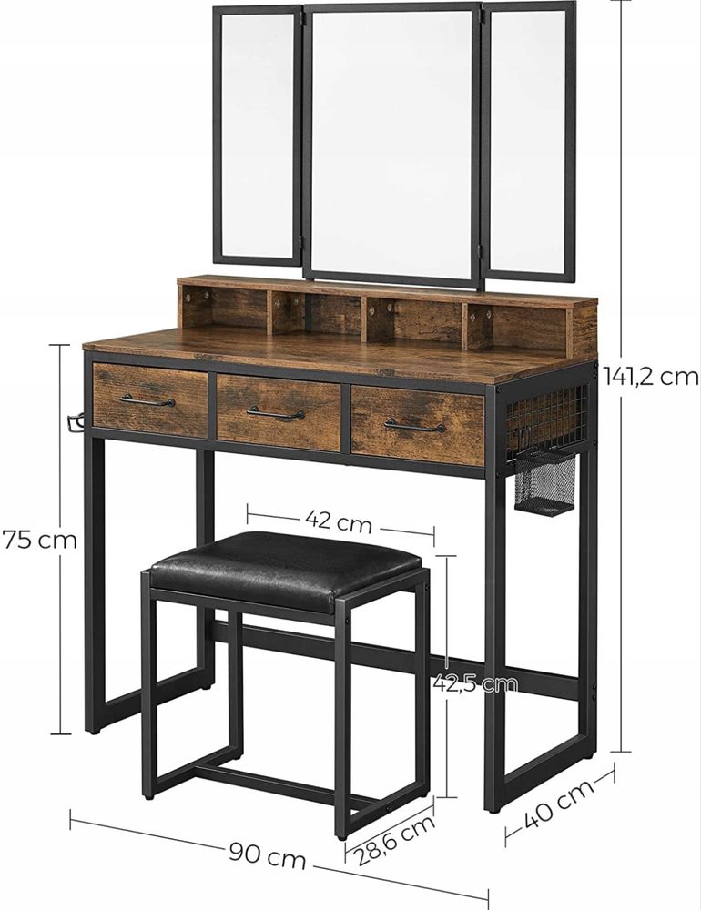 Toaletka retro, loft z siedziskiem i regałem