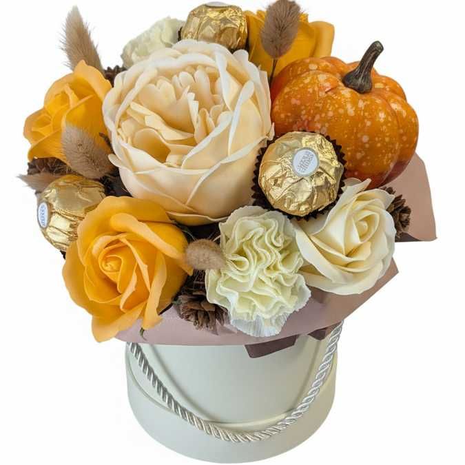 Jesienny Flowerbox z Kwiatami Mydlanymi Bukiet Upominek Słodki Prezent