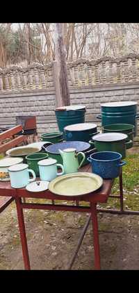 Emaliowane naczynia kolor zielony  z prl.jako ozdoba do ogrodu Cena za