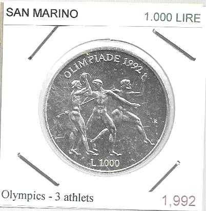 San Marino - - 1.000 Lire - 1992 - - Olímpicos 1992 - - Moeda de Prata