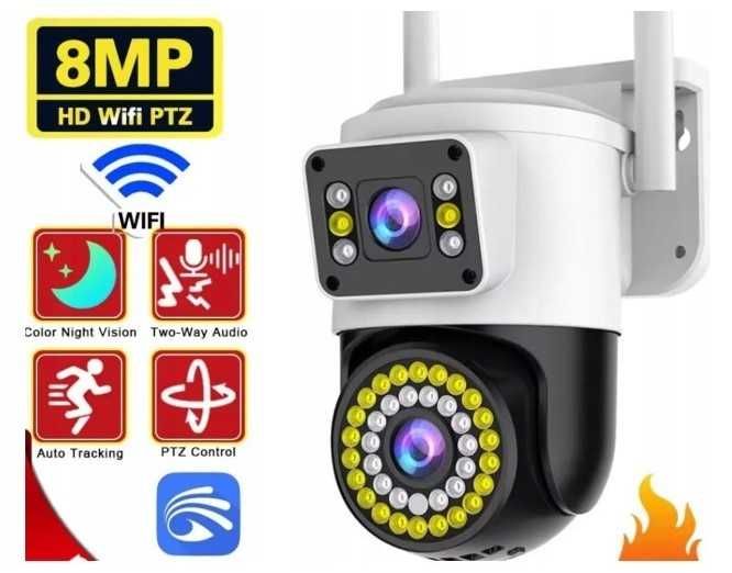 Podwójna Kamera WIFI Smart Zewnętrzna Obrotowa 4K 4MPX Detekcja Alarm