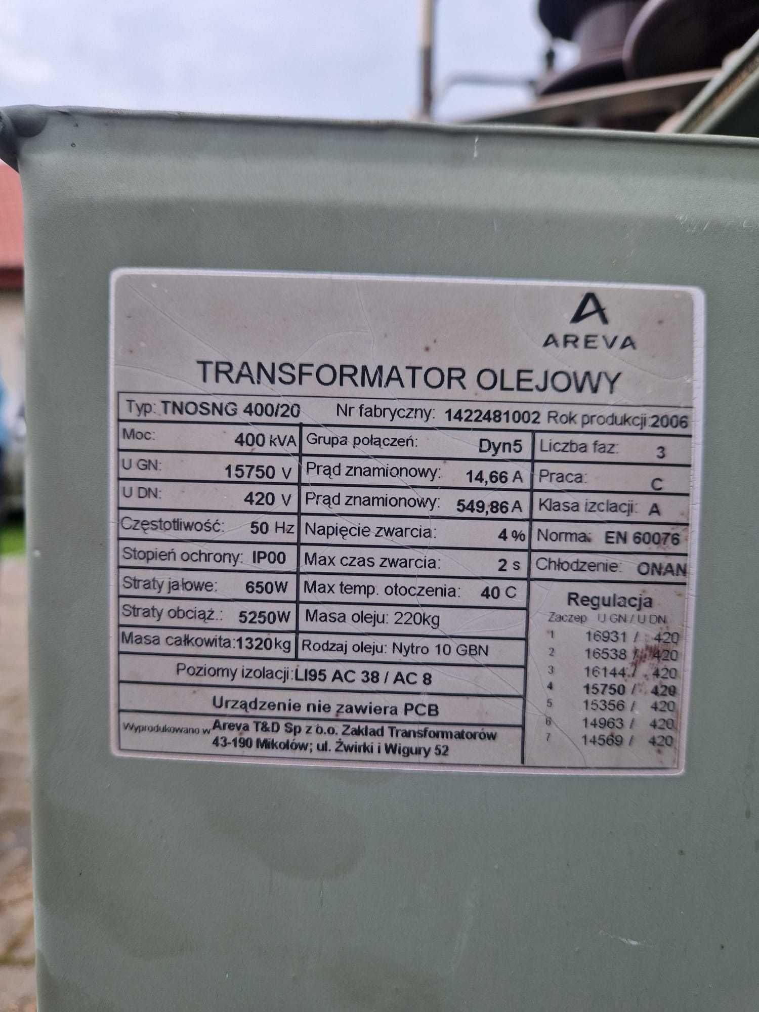 Transformator olejowy 400kVA  DYN5 3 fazy 2006r.  trafo stacja
