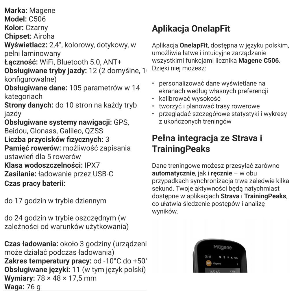 Licznik rowerowy Magene C506 GPS WiFi Bluetooth 5.0 ANT+