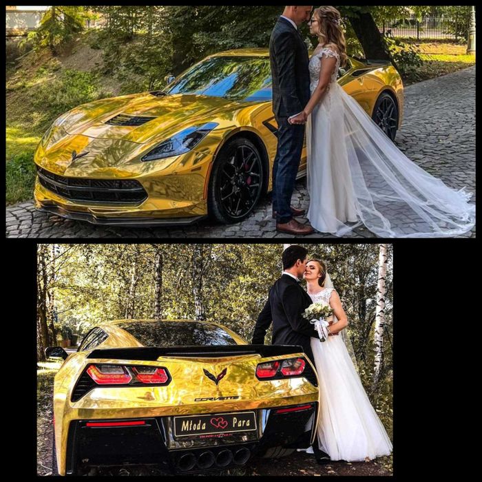 Wypożyczalnia, Wynajem Samochod do ślubu Złoty Mustang Corvette Audi