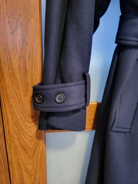 Płaszcz Zara granatowy wełna Manteco wełniany wiązany z paskiem rozm L