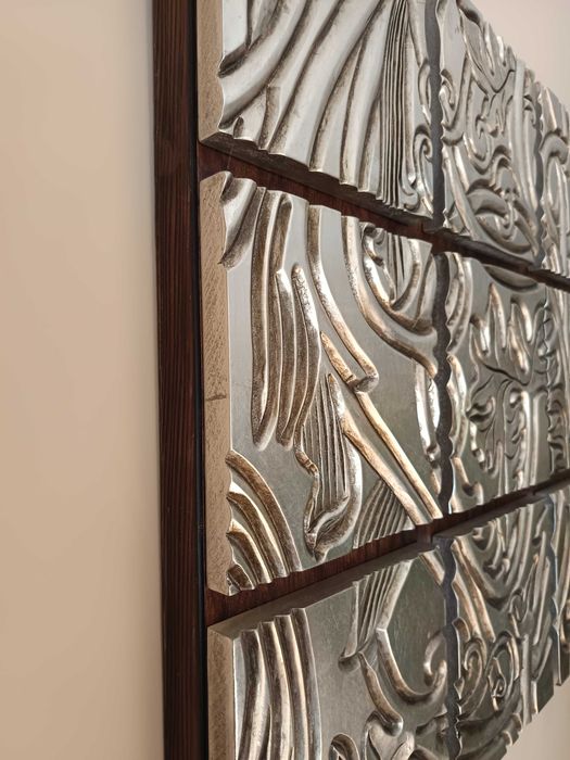 Quadro 100%madeira esculpido manualmente e pintado de prata