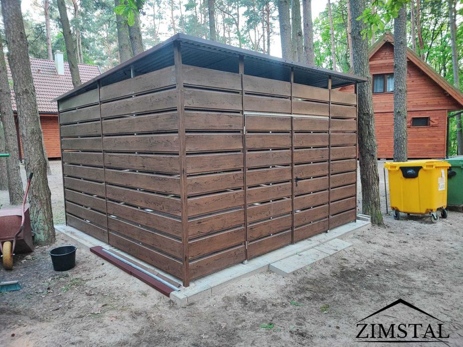 Wiata śmietnikowa schowek  4x4 kolor orzech panele ażurowe