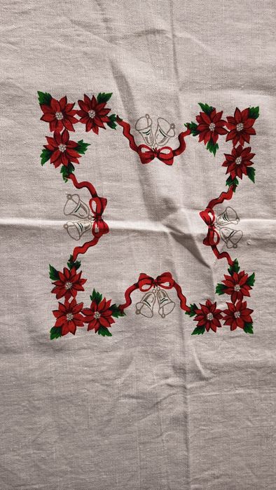 Vintage Obrus lniany 120x140 ze świątecznym motywem