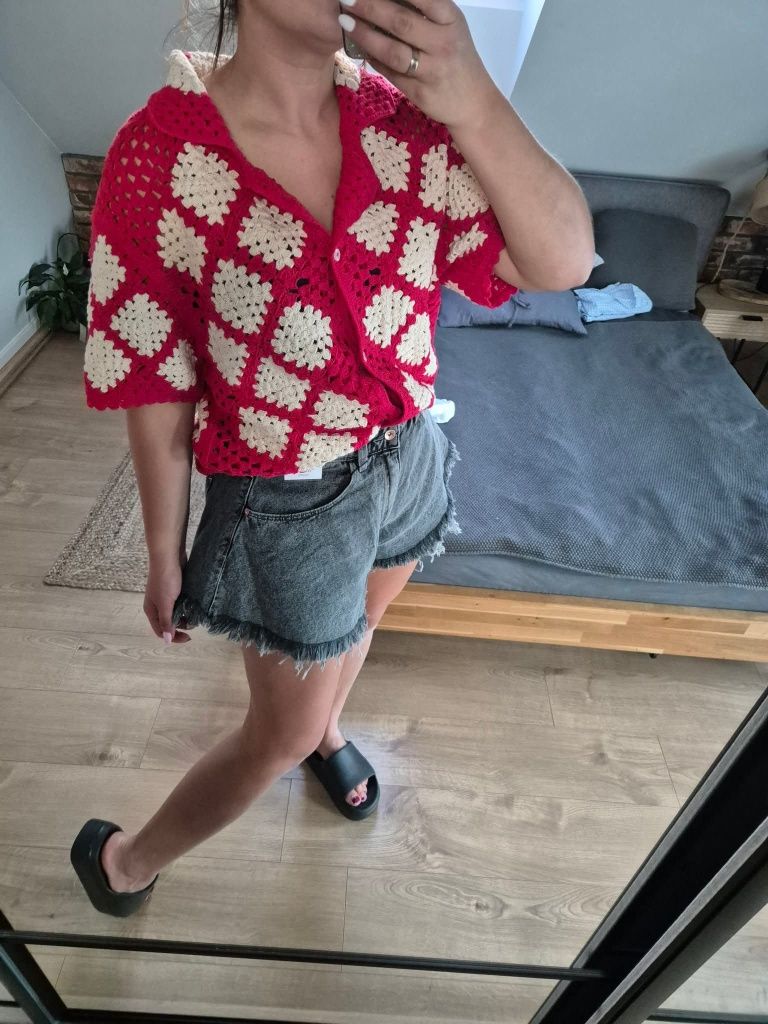 Dzianinowa koszulka polo kardigan Zara czerwona r. XS S
 Zara Nowa, r.