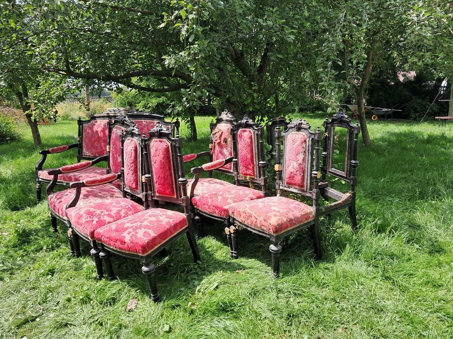 XIX w Komplet Kanapa + 2 fotele + 6 krzeseł do renowacji