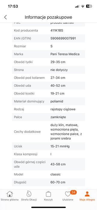 Rajstopy uciskowe Pani Teresa stopień ucisku 1 rozmiar S
