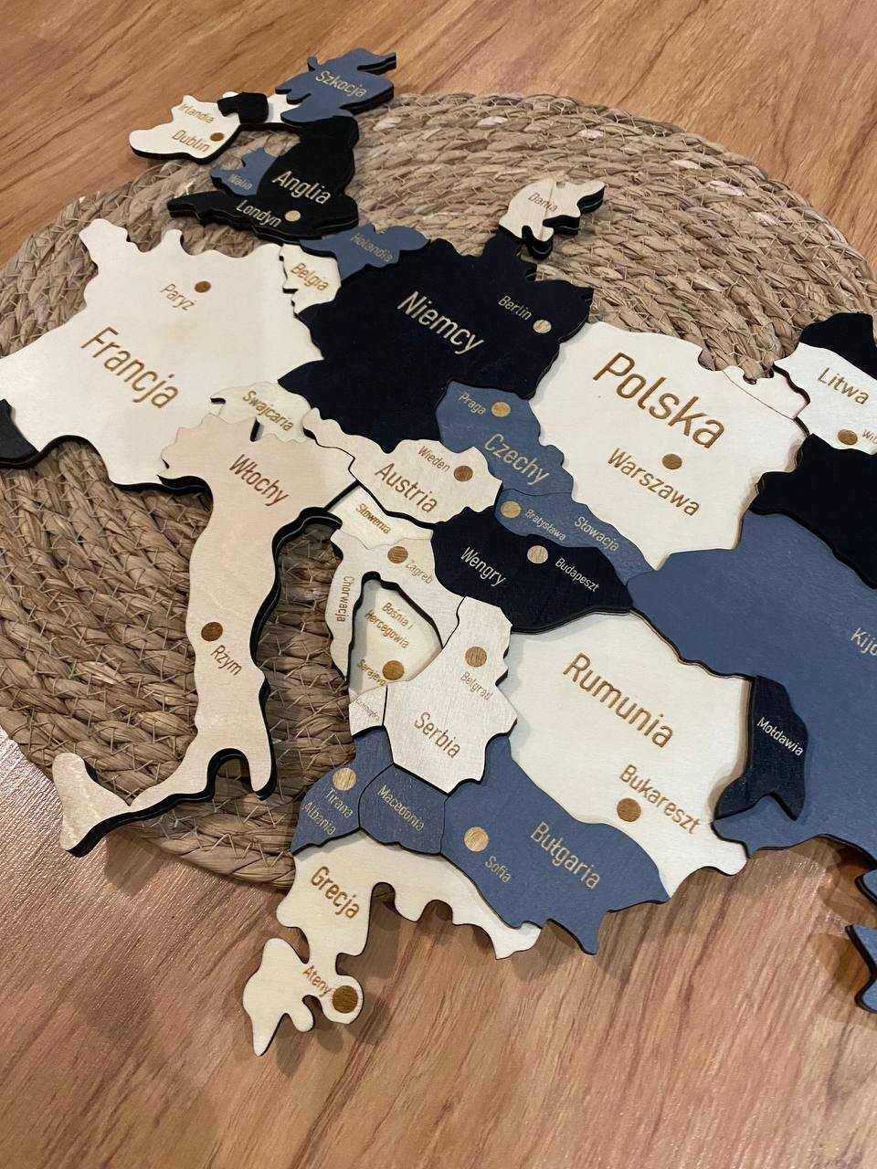 Drewniana mapa Europy + Anglia 3D Miasta dekoracja ścienna 600x400