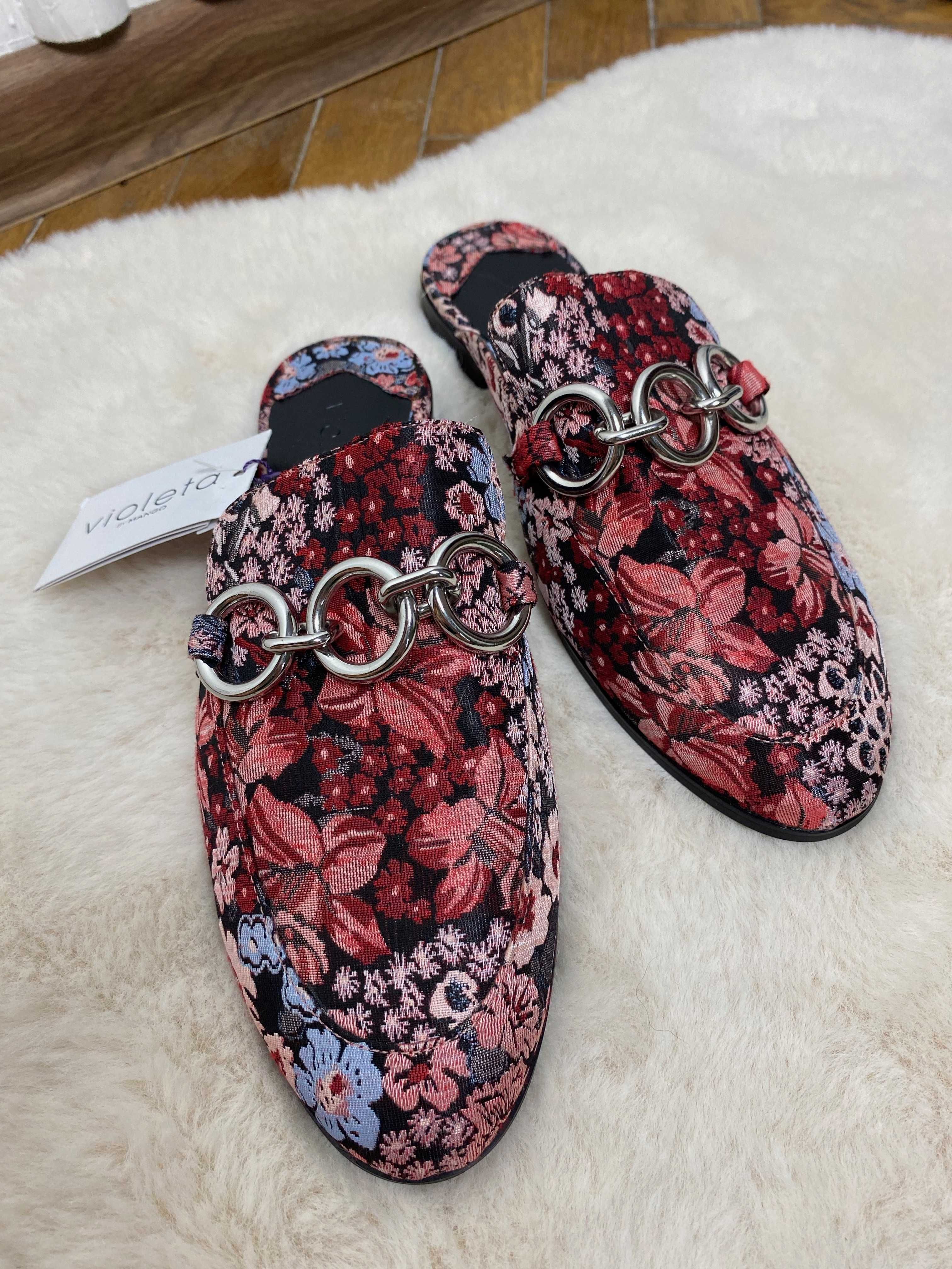 Nowe buty damskie klapki mule w kwiaty wzory 37 Mango odkryty tył