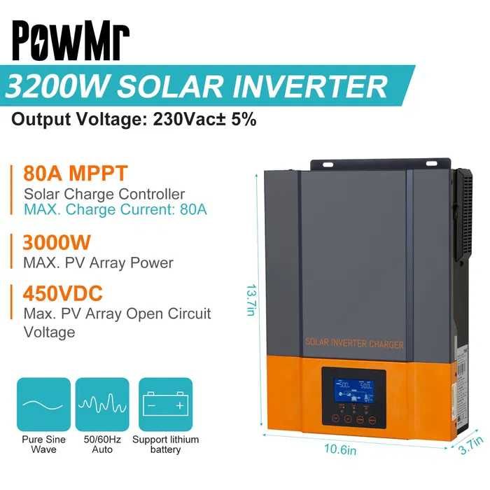 Гібридний сонячний інвертор 3.2квт 24v MPPT 80A + wifi модуль