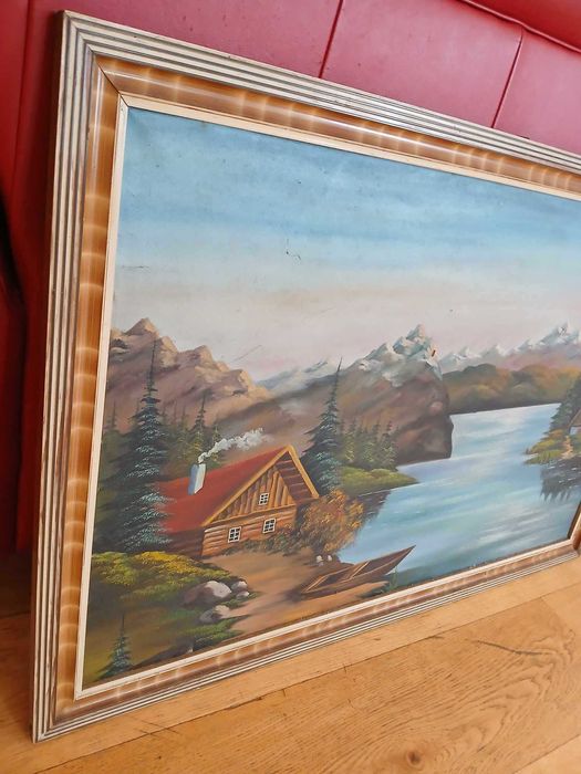 Obraz malowany ręcznie na płótnie Drewniane Chaty nad Zalewem w Górach