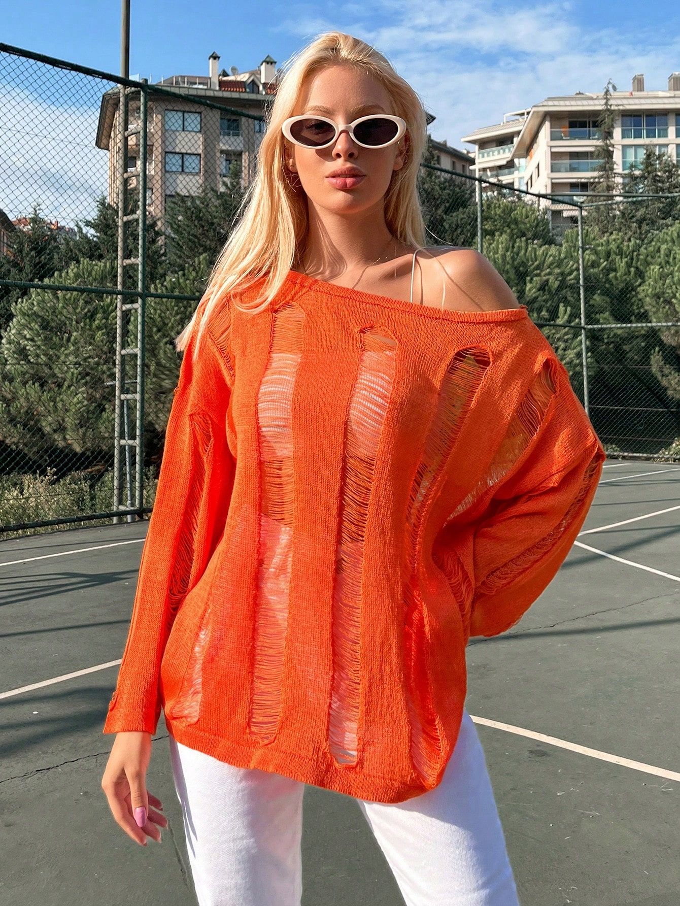 Sweterek Podarty Poszarpany Luźny Pomarańczowy Casual Shein S 36