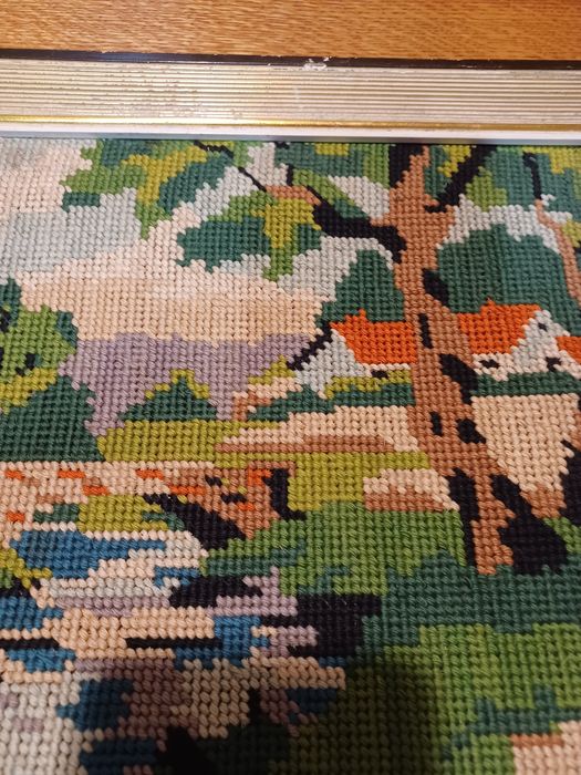 Obraz wyszywany z ramką drewnianą krajobraz na płótnie retro