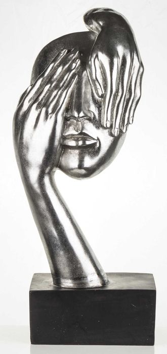 Srebrna figurka maska twarz zasłonięta dłońmi ozdoba na prezent 139219