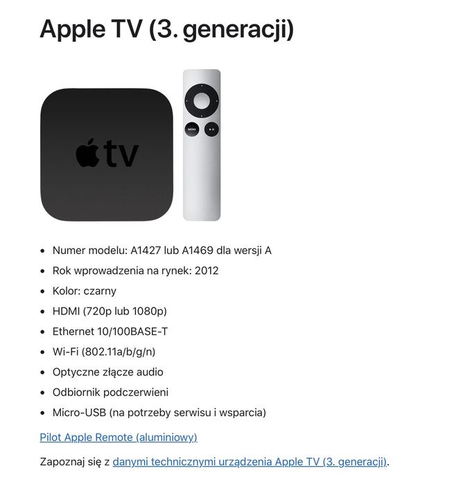 Apple TV A1469 + pilot + kabel zasilający