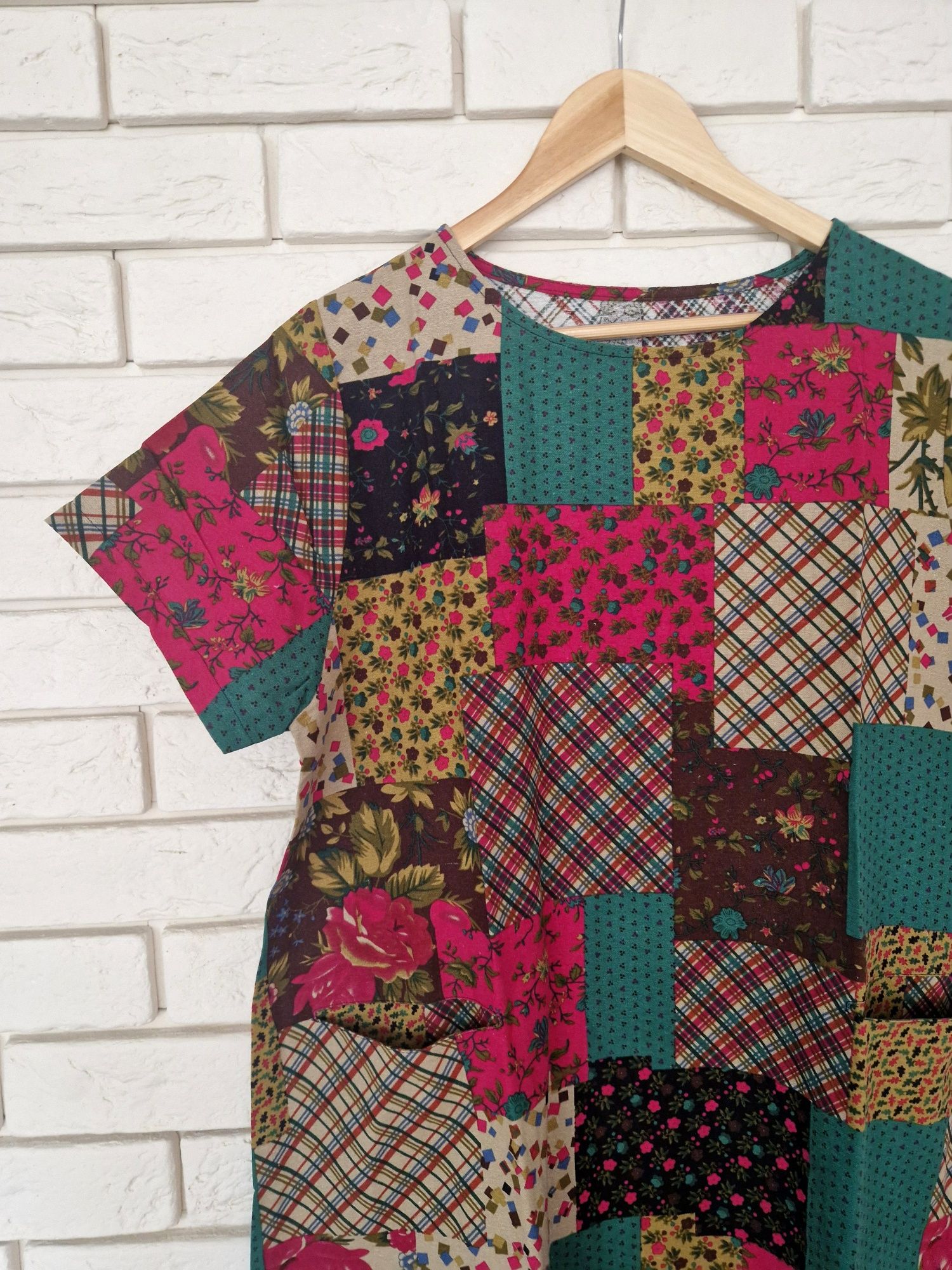 Lniana sukienka patchworkowa z kieszeniami 42 XL 100% len plus size