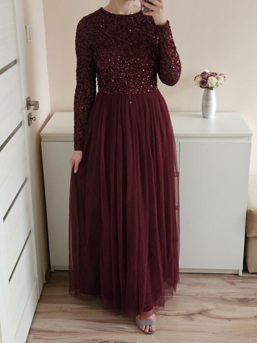 Bordowa sukienka maxi tiulowa z cekinami maya deluxe 38 M wesele