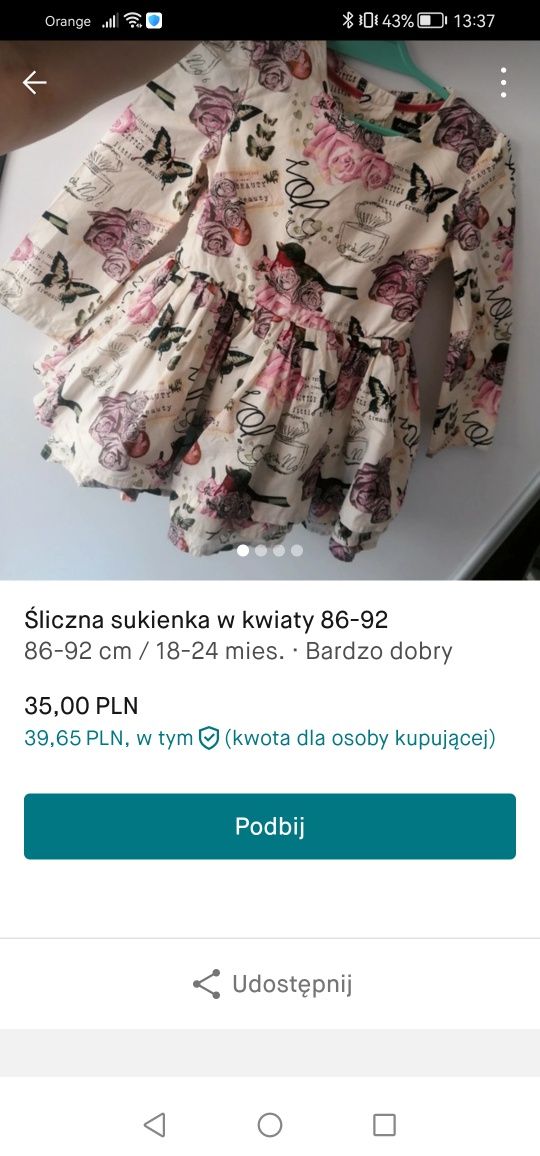 Śliczna sukienka w kwiaty 86-92
Raz założona
Wzor w ptaszki, perfumy,