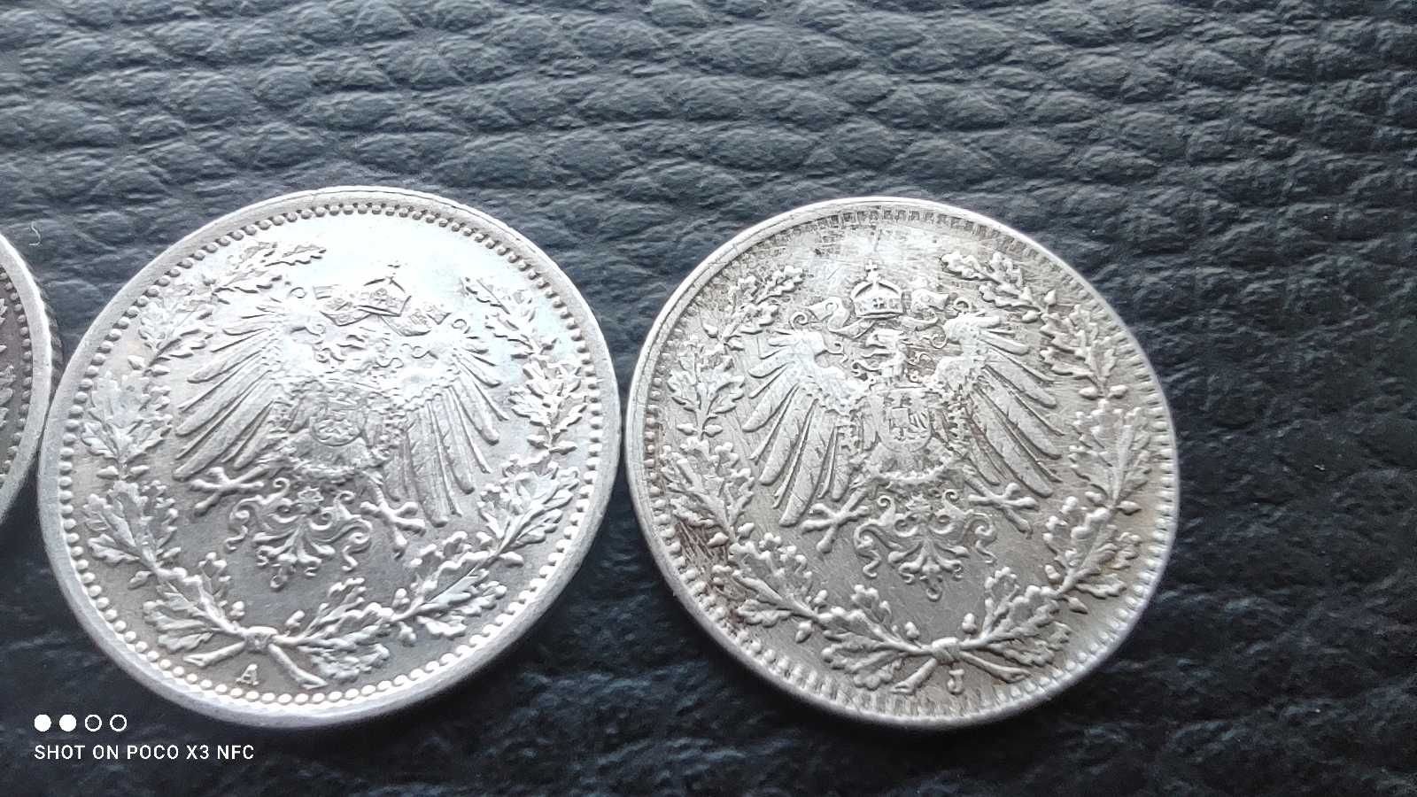 Monety srebrne 3 sztuki 1/2 marki 1905 - 1919 Niemcy Ag srebro