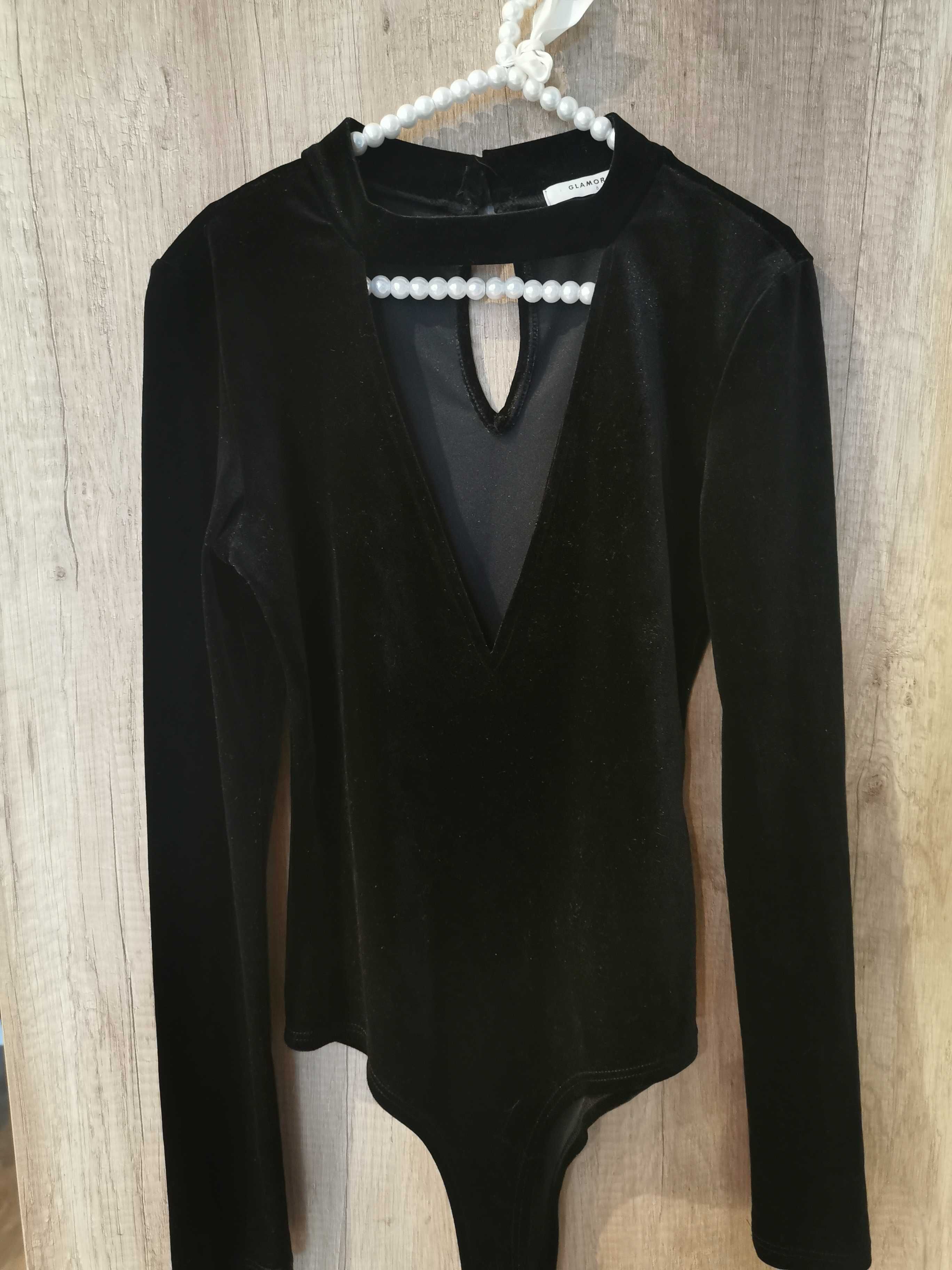Welurowe body duży dekolt w serek z chokerem choker S 36 czarne