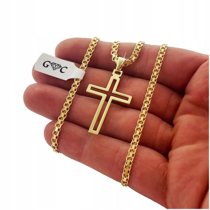 Srebrny Pozłacany Łańcuszek Męski Bismark+krzyżyk, Pamiątka Komunii, C