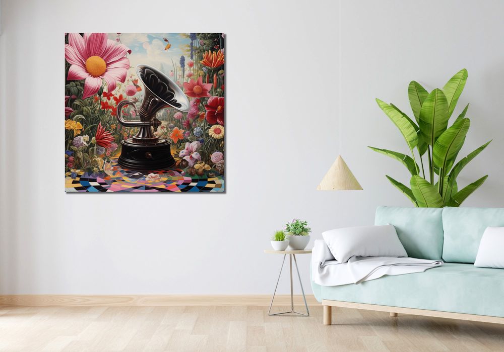 Obraz 100x100cm Gramofon w Kwiatach