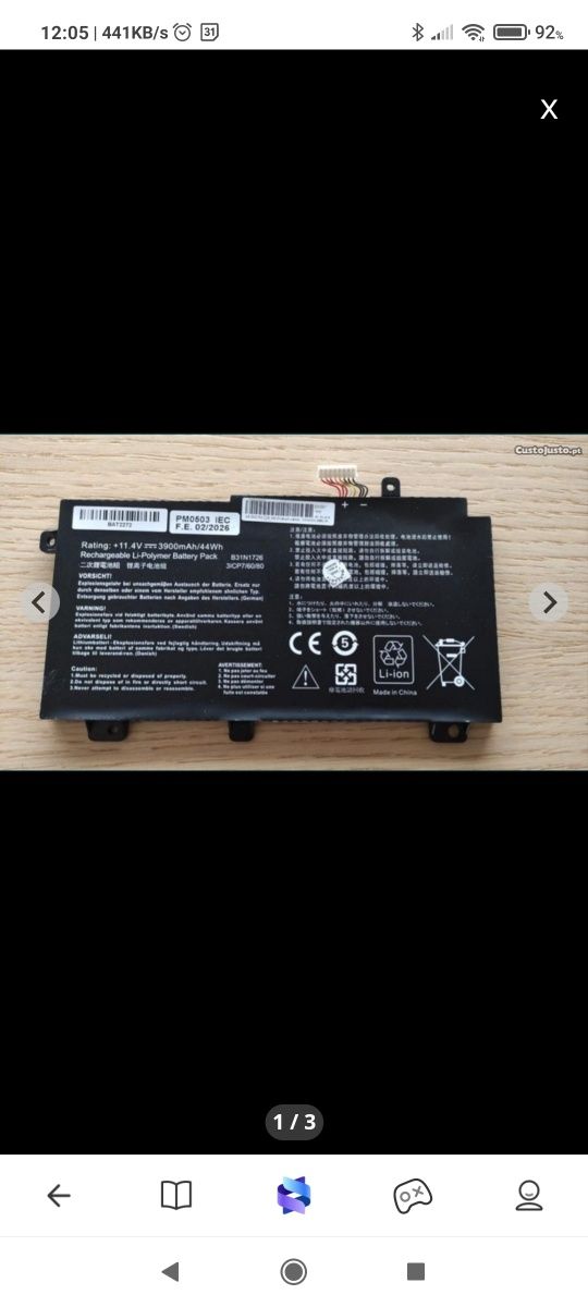 Bateria modelo B31N1726  para ASUS TUF,