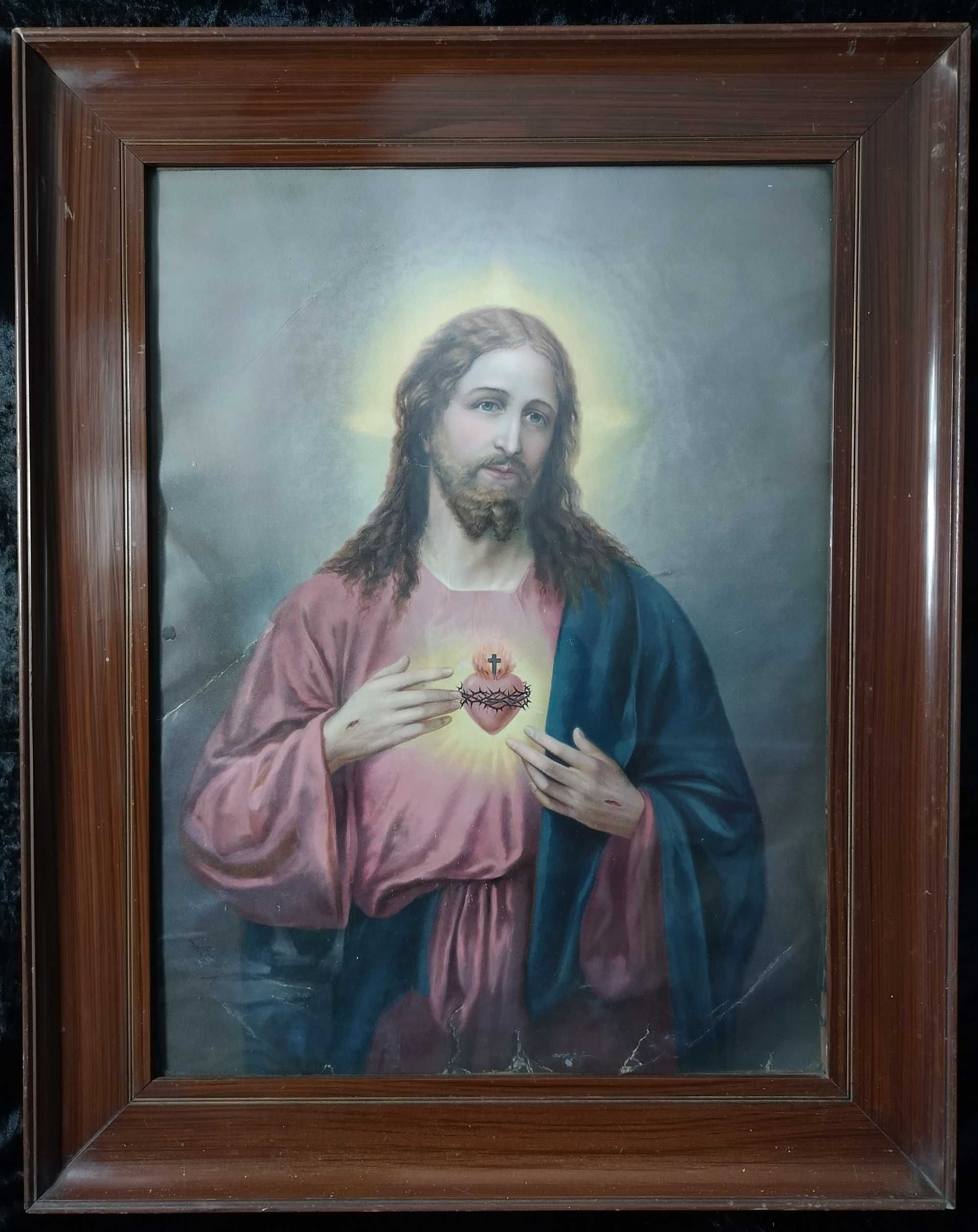 Serce Jezusa Serce Maryi komplet dużych starych oleodrukow obrazow