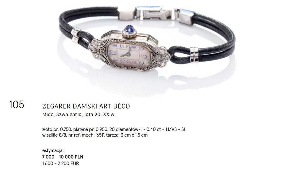 Zegarek z platyny i złota zdobiony diamentami  - lata 20-te XX wieku